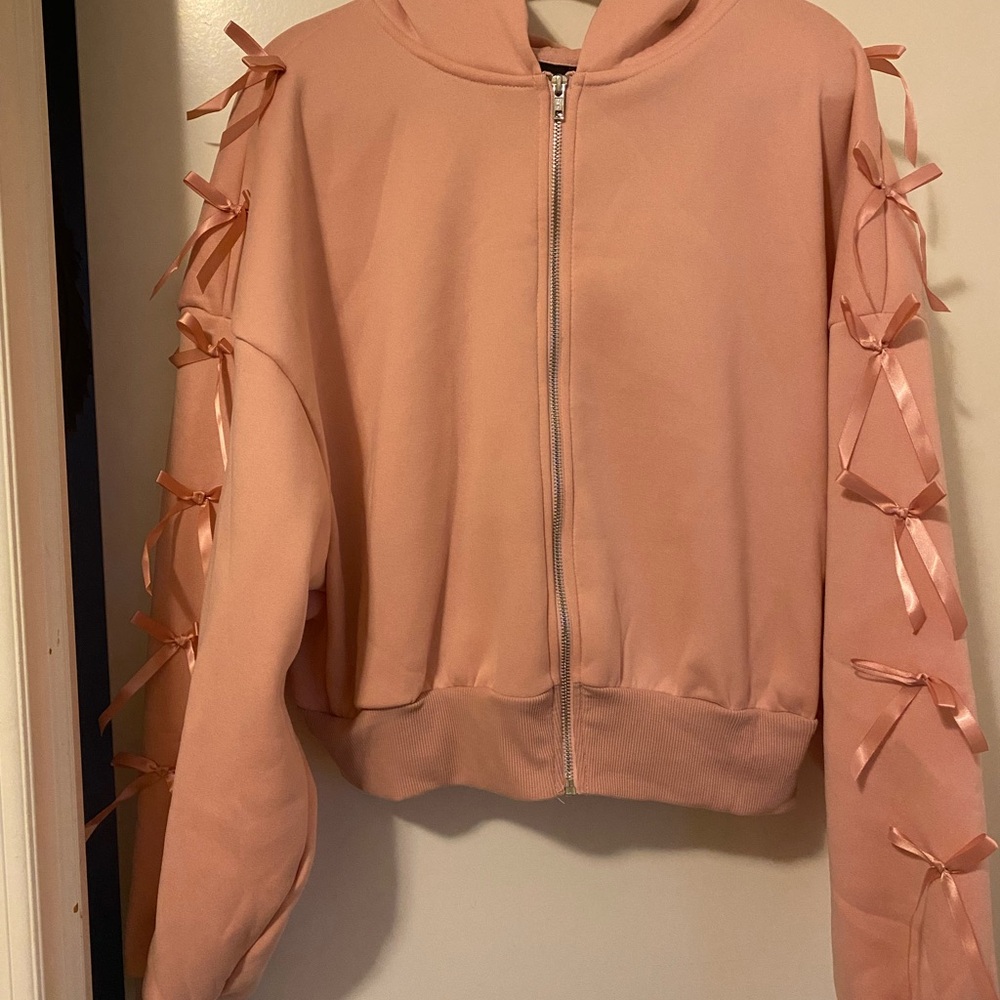 Pink Cropped Ribbon Sleeve Hoodie